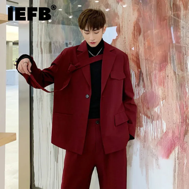 IEFB Niche Men\'s Clothing Red Irregular Tie fit Blazers Loose Jacket + Casual Suit Pants 2023 Autumn New Set 9Y52703