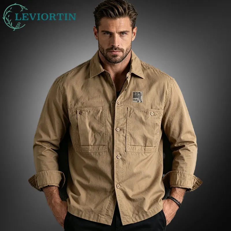 

Ameikeji Workwear Styles Shirt Jacket For Men Spring Autumn Twill Cotton Versatile Solid Color Double Pockets Male Cargo Shirts