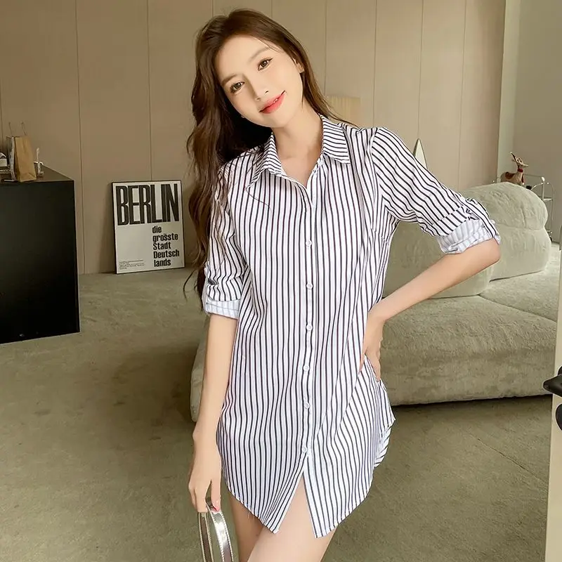 Striped Irregular Button Vintage Shirt Tops Women Clothing Long Sleeve Polo Neck All-match Elegant Blouse Office Fashion Summer