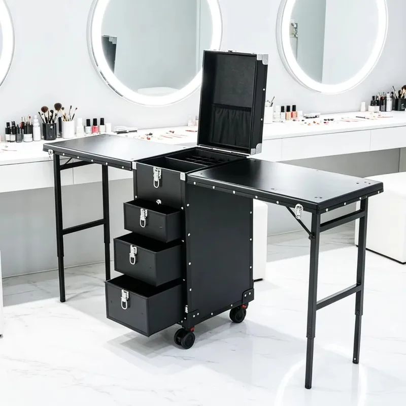 Rolling Makeup Train Case Nail Station with Manicure Table Tech Desk Nail Table for Beauty Salon Workstation Display Shows