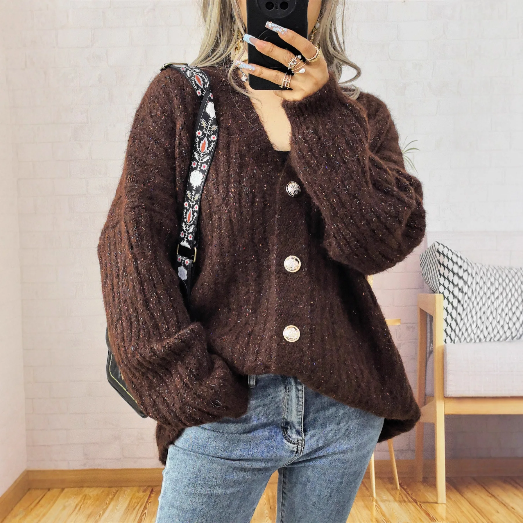 

2025 Autumn Winter Women Vintage Thickened Gold Button Knit Cardigan Single Breasted Sweater Coat