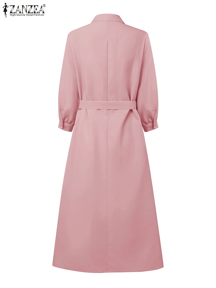 2025 ZANZEA Women Autumn OL Work Dresses Elegant Lapel Long Sleeve Shirt Dress Solid Belted Robe Officewear Sundress Vestidos