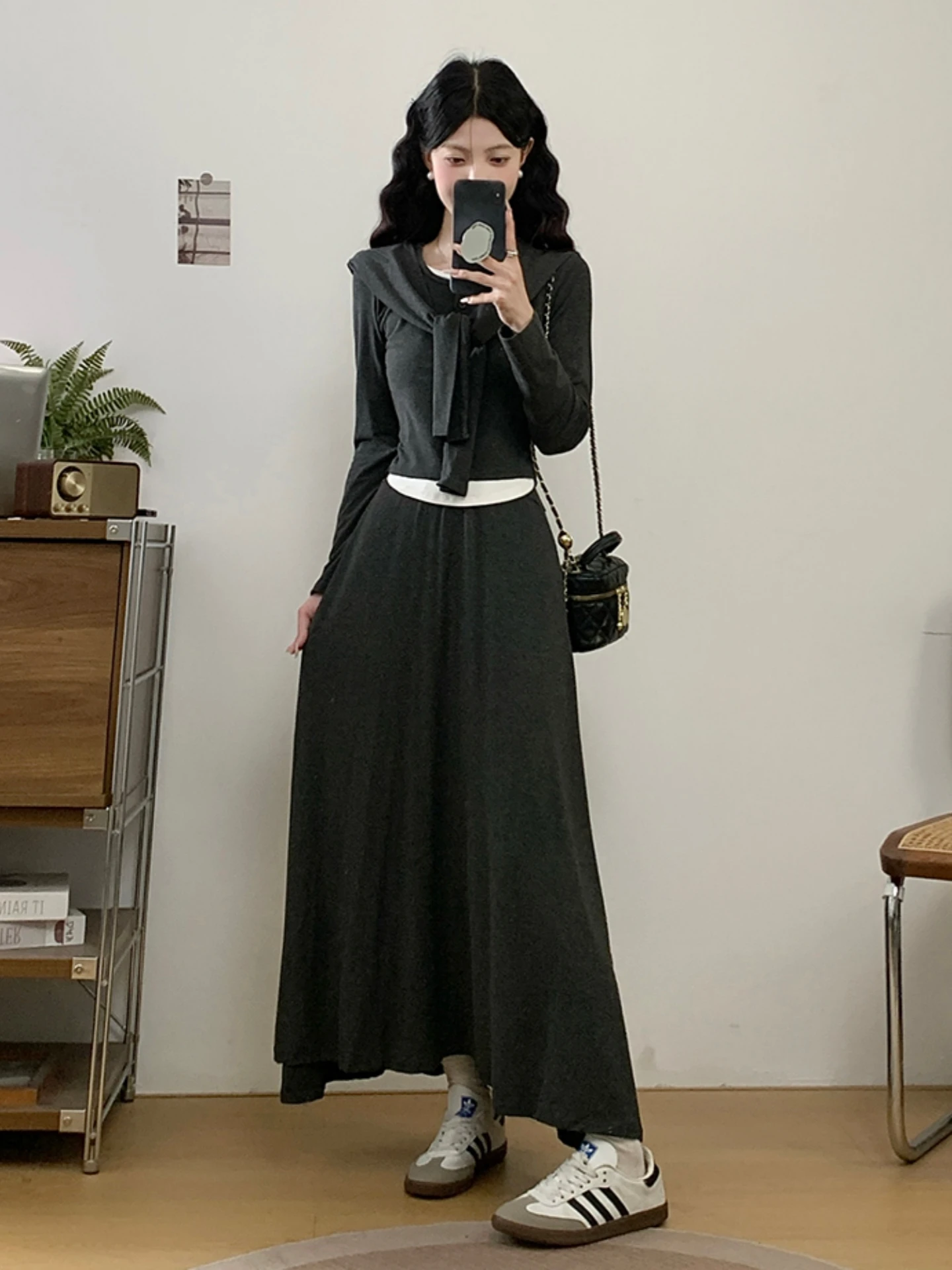 

Stylish Two-Piece Set for Women Spring Autumn plus Size Slimming Feelings Shawl Half-length Skirt Long Sleeve round Neck T-shirt