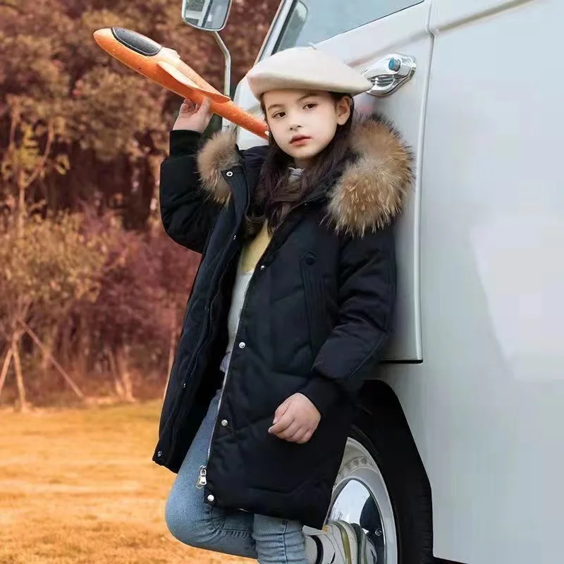 New Very Keep Warm Fashion Girls Jacket Long Style Big Fur Collar Detachable Hat Heavy Coat For 2-12 Years Kids