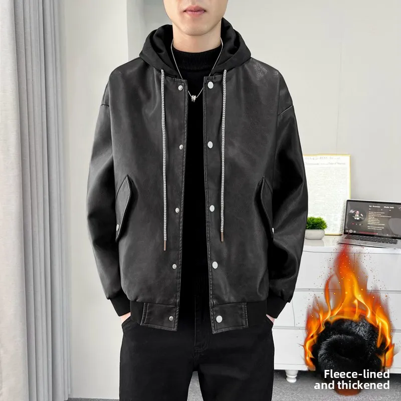 

Retro American Fce Lined Thiened Hooded Biker Jaet Men's Casual Sle Warm Polyester Fabric Winter Outerwear Coat