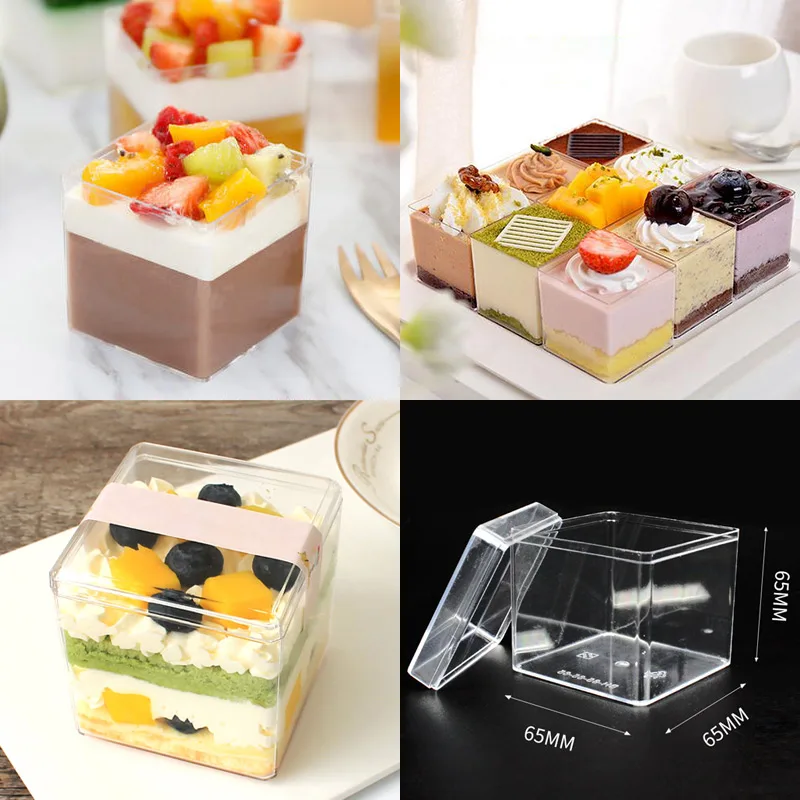 

20pcs Samll square clear packaging boxes baking decoration cake tiramisu mousse dessert cups party birthday wedding cup with lid