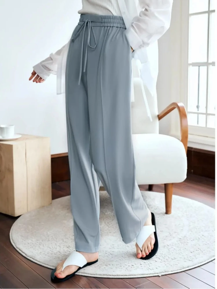 

OLrain Women Casual Wide Leg Pants 2025 Summer Fashion Drawstring Hight Waist Full-Length Trousers Clothing Female O24XK90539