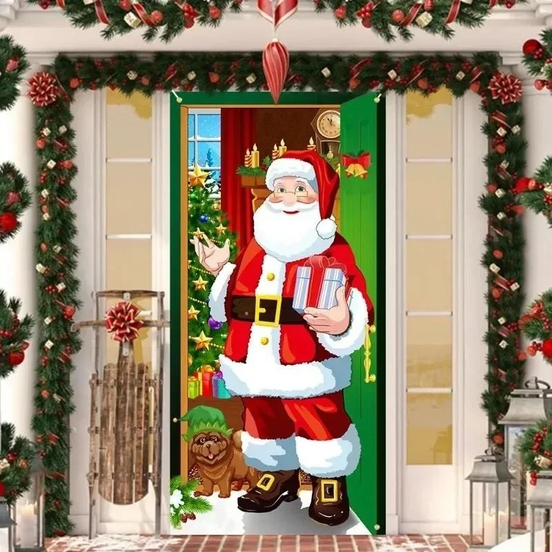 VIKAMA Christmas Santa Claus Noren Door Curtain Xmas Fireplace Gift Print Fabric Partition Curtain for Home Party Decor