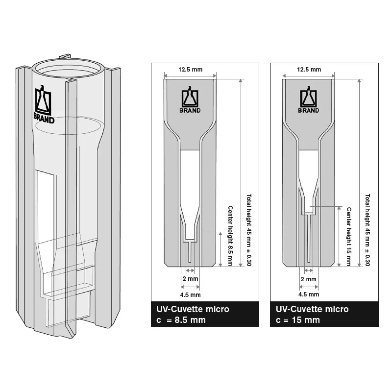 Brand Ultra-Micro UV Cuvettes Micro Semi-Micro UV Cuvette 8.5mm 70-850ul 15 Mm 70-550ul for UV Spectrophotometer Detection
