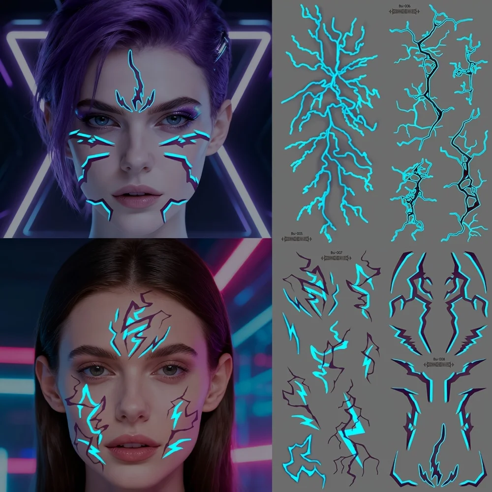 

4 Sheets Night Glow K-pop Gothic Female Tattoo Stickers Blue Purple Lightning Vein Designs for Cosplay Concerts Temporary Tattoo