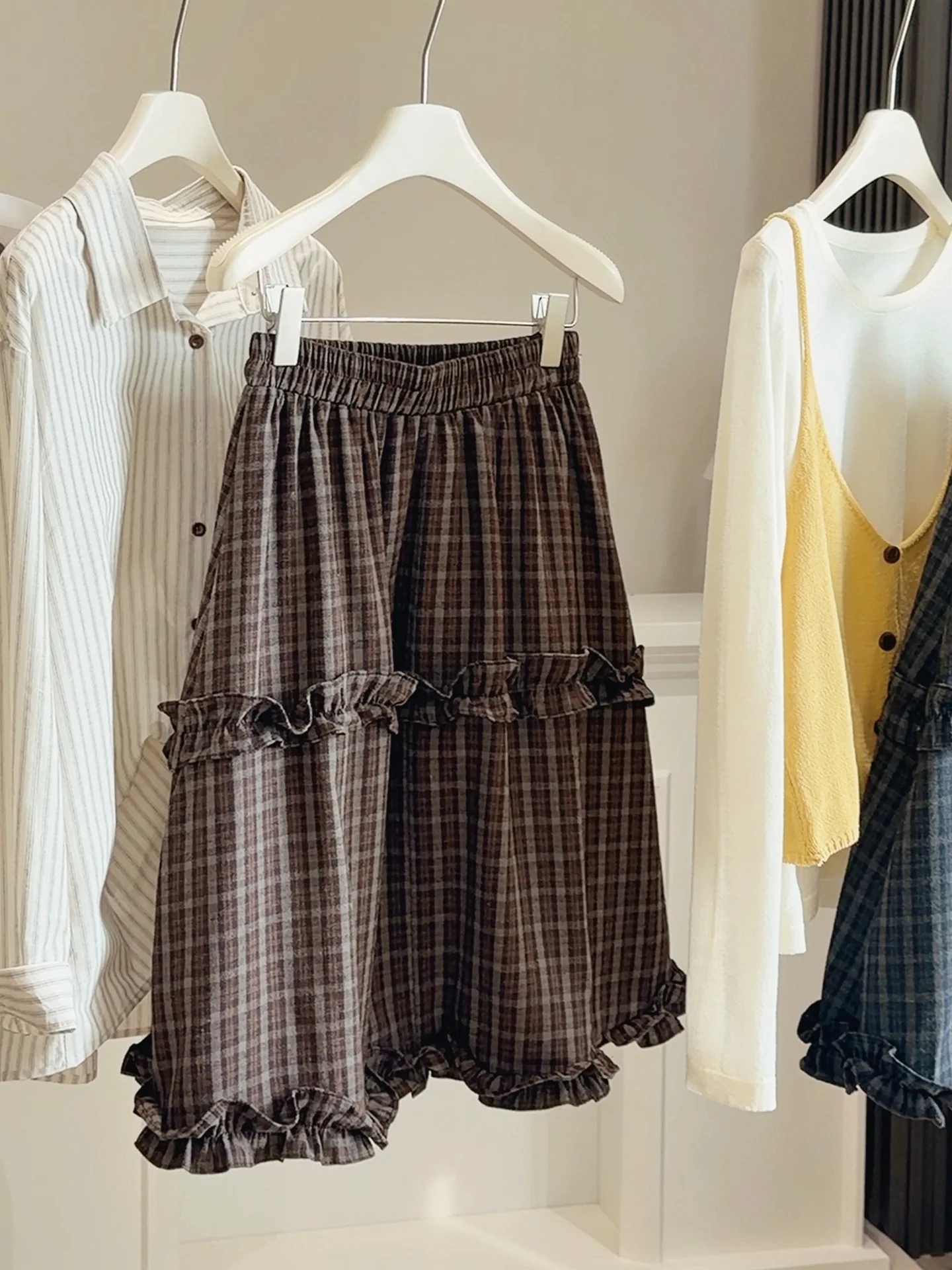 

Женская весенняя юбка А-силуэта в стиле Mori Girl с клетчатым узором и принтом кофейных грибов, в стиле Харадзюку, ретро-арт, с эластичной талией, миди, для повседневной носки