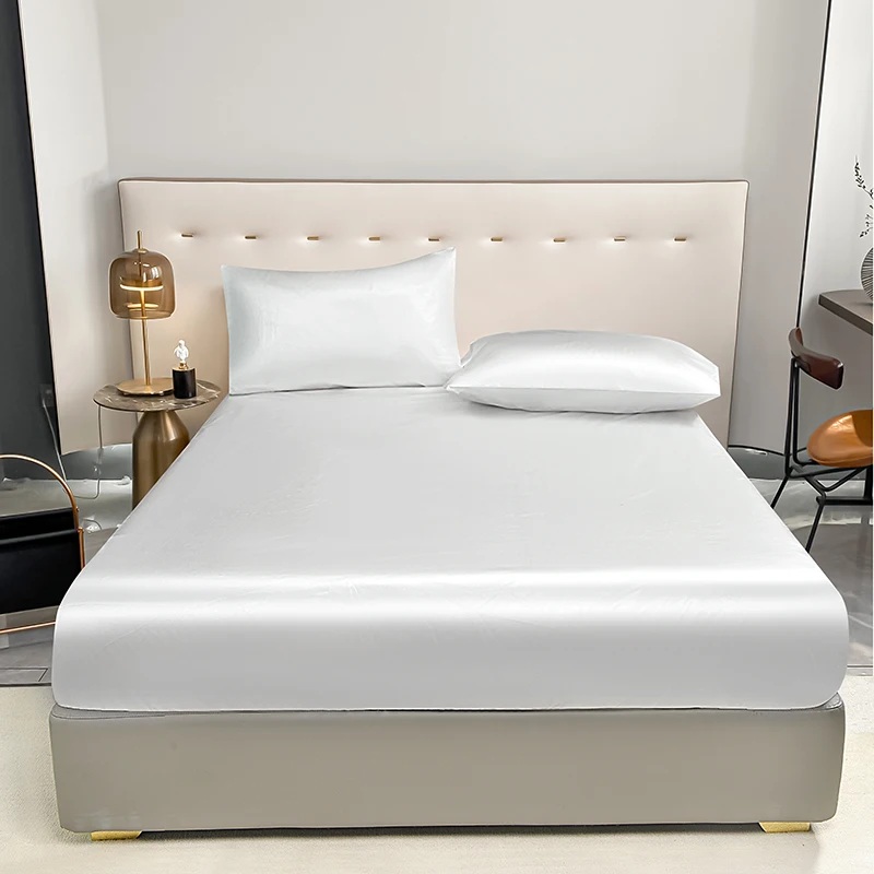 

White Fitted Sheet with Pillowcase,Elastic Faux Satin Bedding Fitted Sheet 200x220x25cm,Waterproof Fitted Sheet