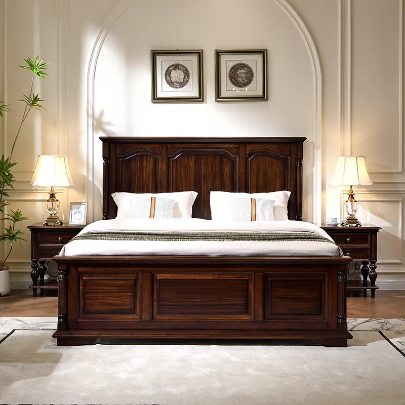 Cama doble de madera maciza de estilo retro rural americano, dormitorio principal, cama de matrimonio, almacenamiento atmosférico de alta gama con cabeza plana