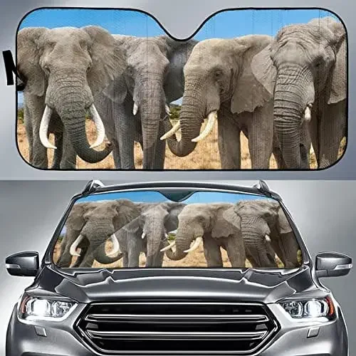 Elephants Standing in The Field Blue Pattern Animal Lover Car Sunshade, Meaning Gift for Elephant Lover, Car Windshield Durable