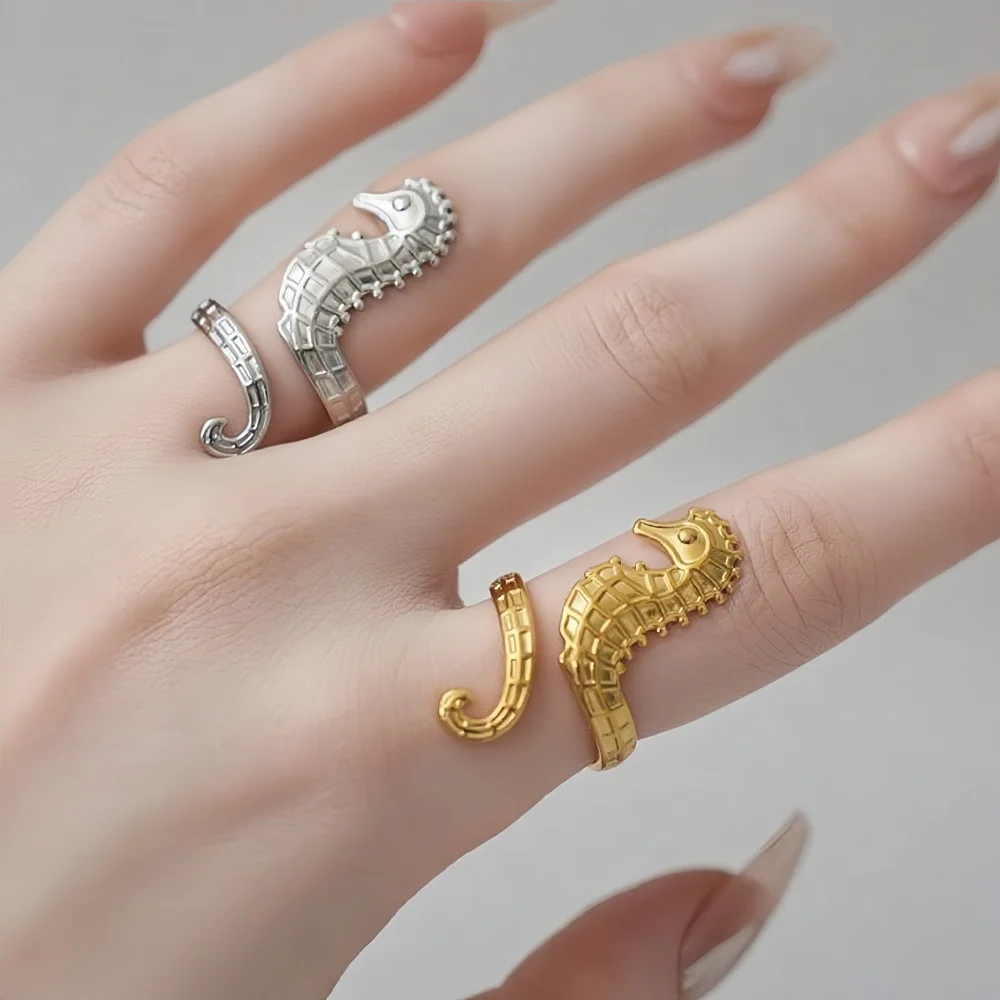 Simple Resort Style Seahorse Open Ring Simple Gold Color Stainless Steel Women Jewelry Fashion Adjustable Ring Accessories