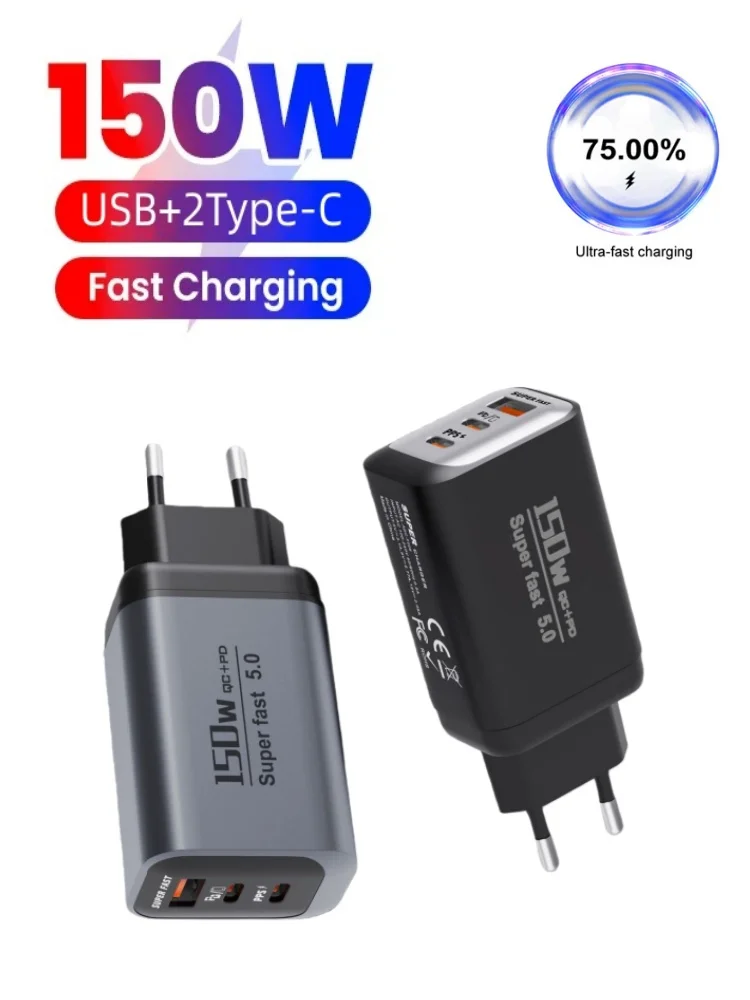 USB Type C 150 W Oplader USB QC3.0 Snel opladen Mobiele telefoon oplader Reisadapter voor iPhone 17 Samsung Xiaomi EU/UK/US-stekker - afbeelding 2