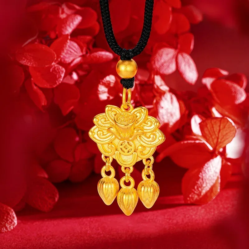 

9999 Real Gold 24K Golden Lotus Pendant New Chinese Temperament Money Lotus Pendant Necklace Pendant New Sweater Chain