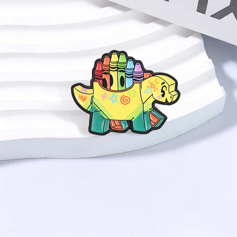 Stegosaurus Dinosaur Crayon Storage Badge Enamel Pins Cute Dinosaur & Colorful Wax Crayons Art Badge Lapel Brooch Jewelry Gifts