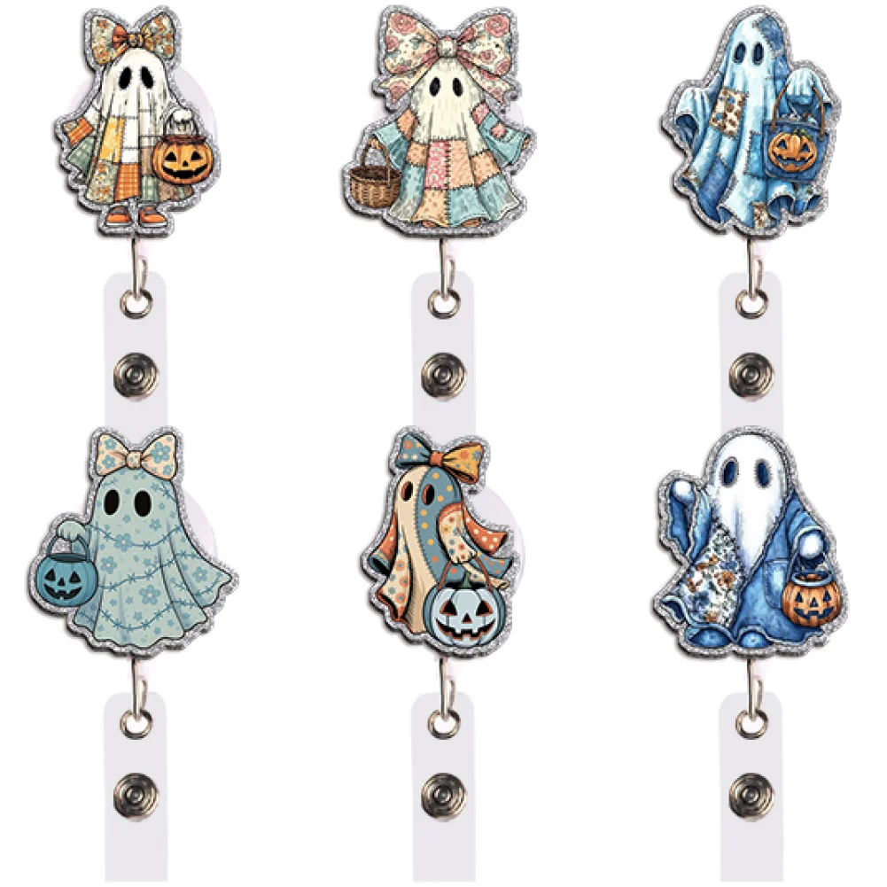 Cute Halloween Badge Reel Retractable ID Holder Coquette Ghost Bow Pumpkin Spooky Season Gift for Teacher Office Work Party