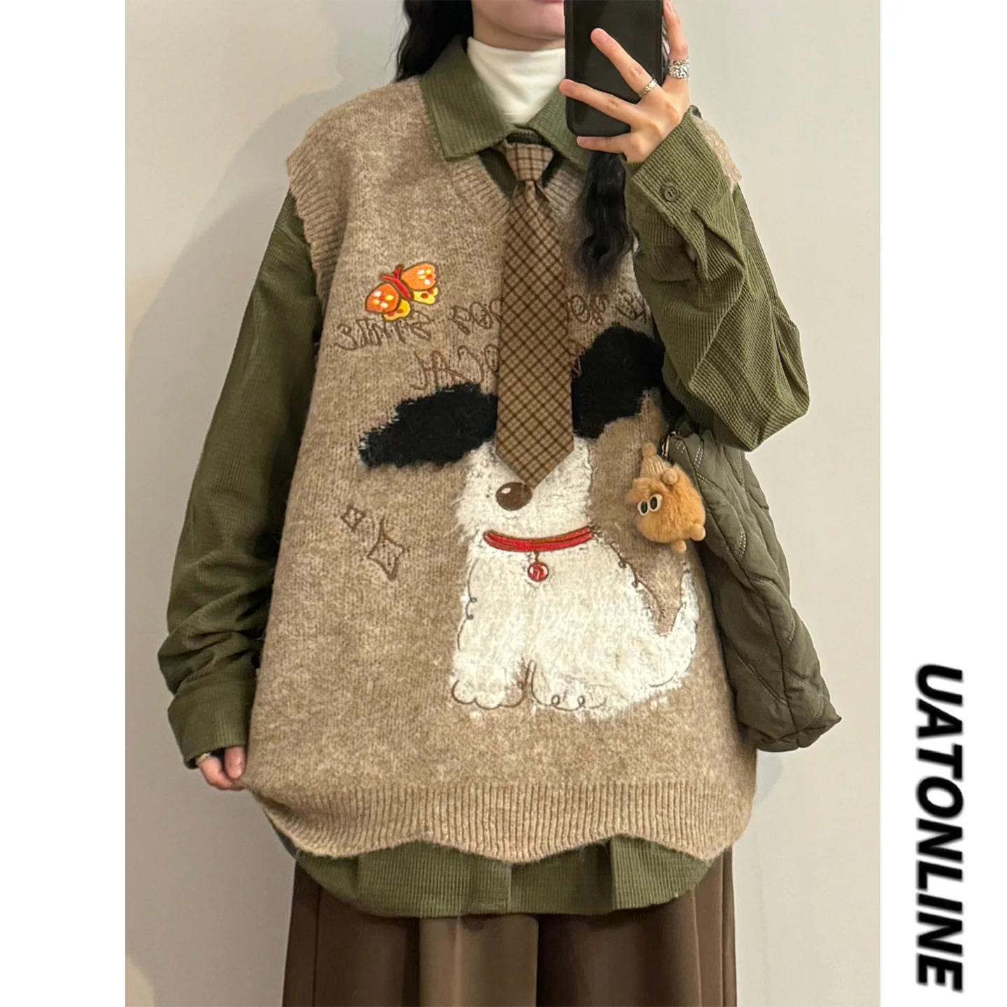 

UATONLINE Американский ретро-свитер с вышивкой в виде собаки, женский вязаный жилет для многослойного ношения, уличный стиль, свободный крой, V-образный вырез