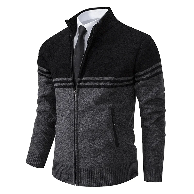 Men\'s New Winter Sweater Thick Fleece Warm Sweater Casual Stand Collar Zipper Cardigan Fashion Striped Coat