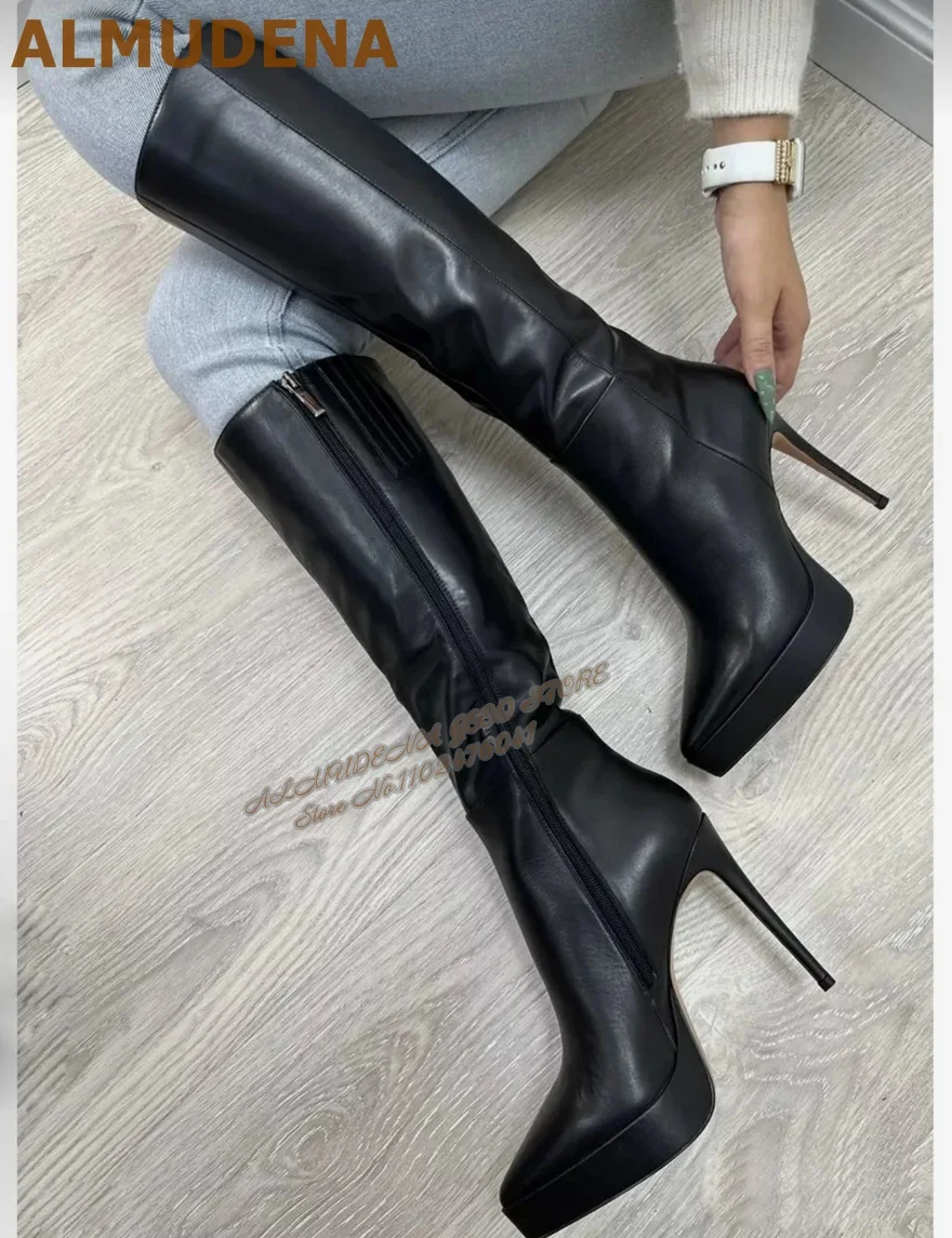 

ALMUDENA Platform Pointed Toe Knee Boots Black Matte Stiletto Heels Zipped Tall Boots Elegant Autumn Winter Dress Shoes
