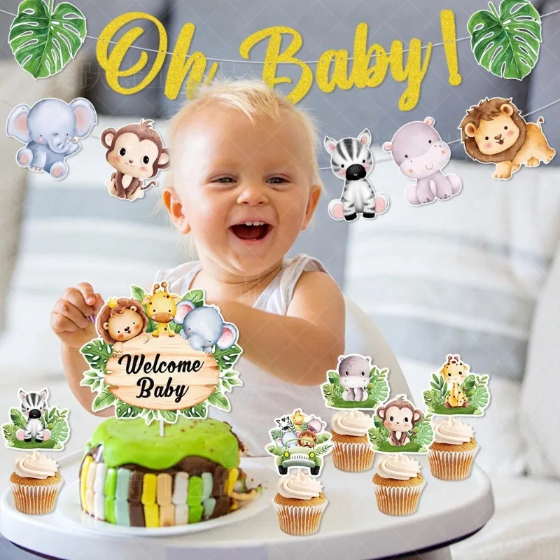 Safari Baby Shower Party Decoration Oh Baby Banner Jungle Animal Cupcake Toppers Kids Birthday Party Supplies Decor