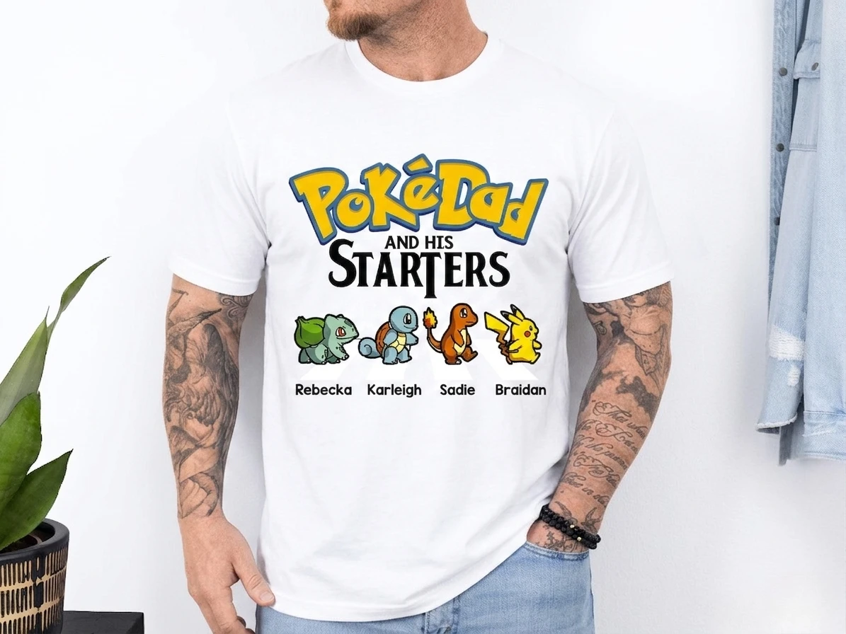 Pokémon PokéDad and His Starters T-shirt Custom Kids Names Abbey Road Print Men Cotton Short Sleeve Father's Day Gift  Tee Tops