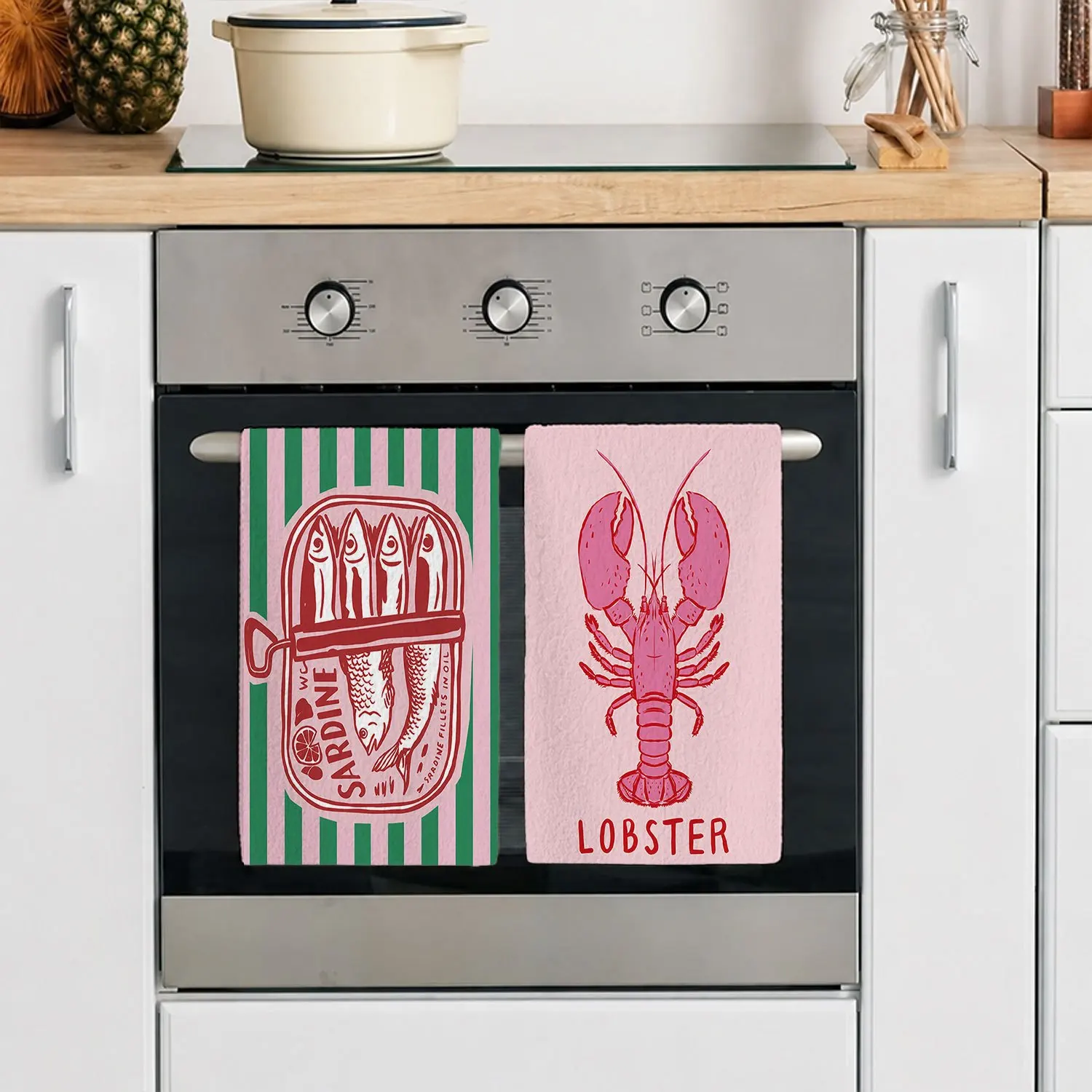 2PCS kitchen towel striped sardines canned lobster pattern print