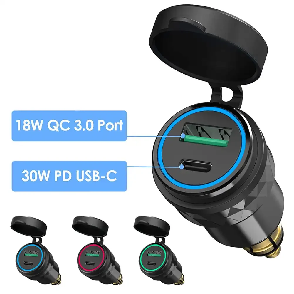 Cargador rápido USB QC 3,0 de aluminio, adaptador Dual PD, enchufe impermeable para motocicletas para enchufe DIN/BMW