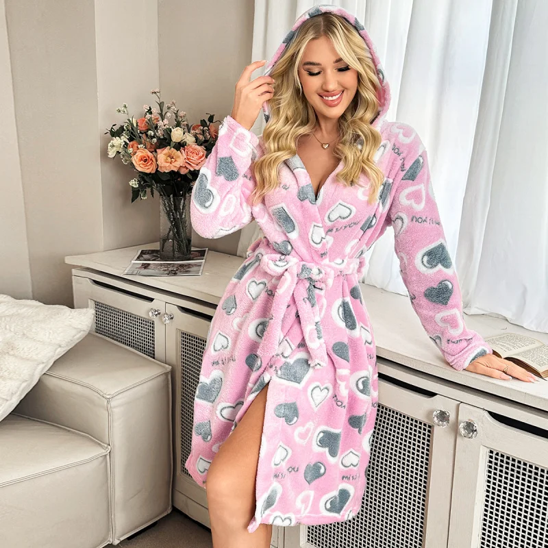 

Autumn Winter Fluffy Loose Nightgown Woman Long Sleeve Double-Sided Fleece Lace-Up Warm Sleepwear Homewear Morning Robe