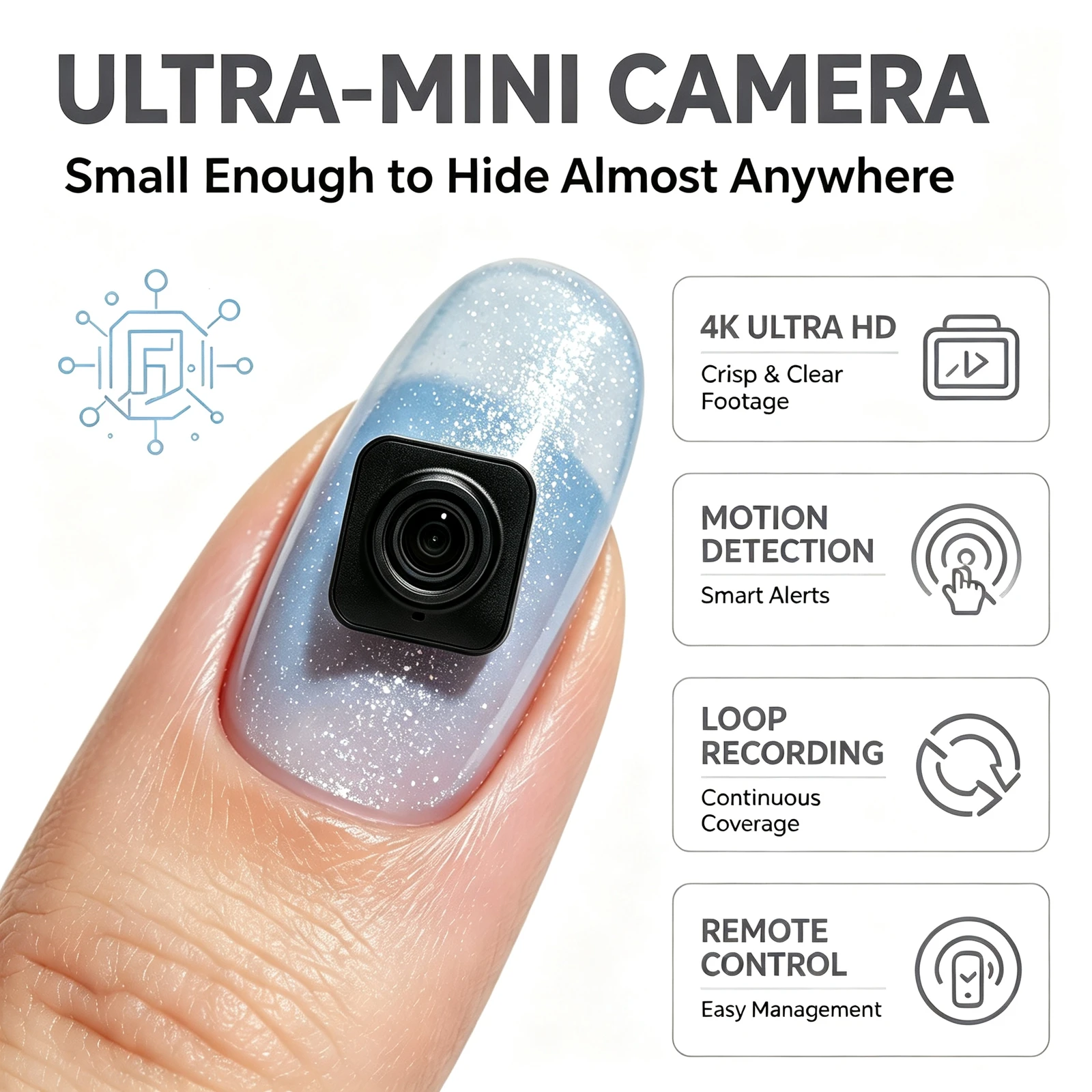 Ultra Mini Square Portable Home Monitor Camera 4K Ultra HD Wireless IR Night Vision Motion Detection Loop Recording Remote View APP Cam for Indoor Outdoor Baby Pet Family Property Monitoring