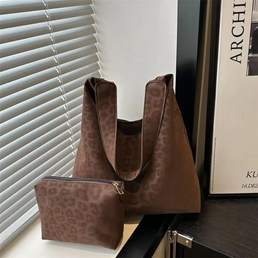 Fashion Vintage Tote Bag Set Soft Matching Cosmetic Pouch Leopard Print Shoulder Bag All-match Large Capacity Hobo Handbag Work