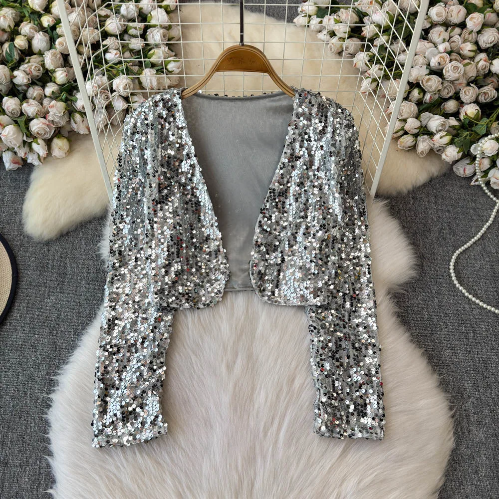 Girls 2026 Spring Autumn New Sequin Jacket Korean Fashion Slim Fit Long Sleeve Short Cardigan Versatile Outerwear