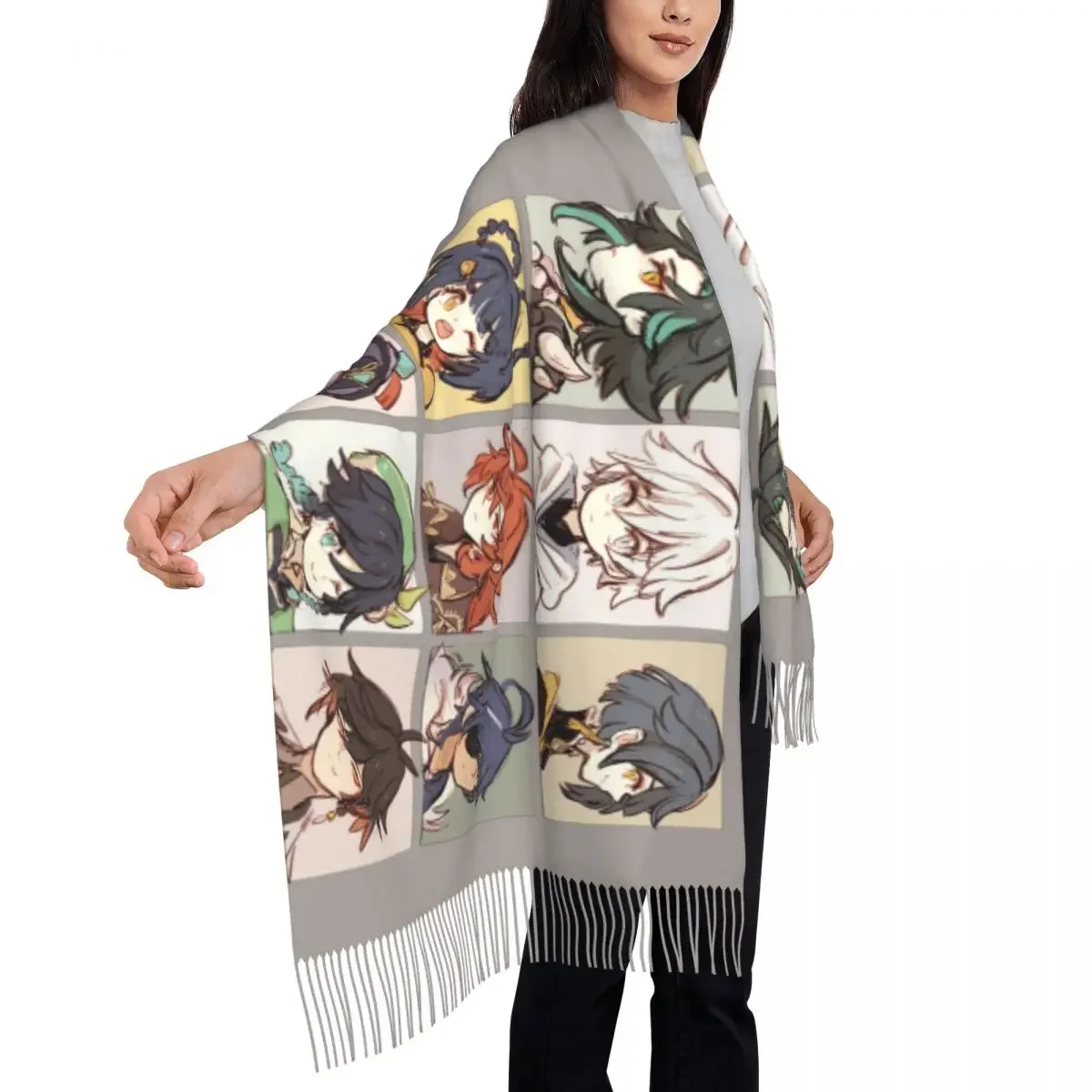 Customized Printed Genshin Impact Characters Chibi Assemble Scarf Men Women Winter Warm Scarves Manga Shawl Wrap