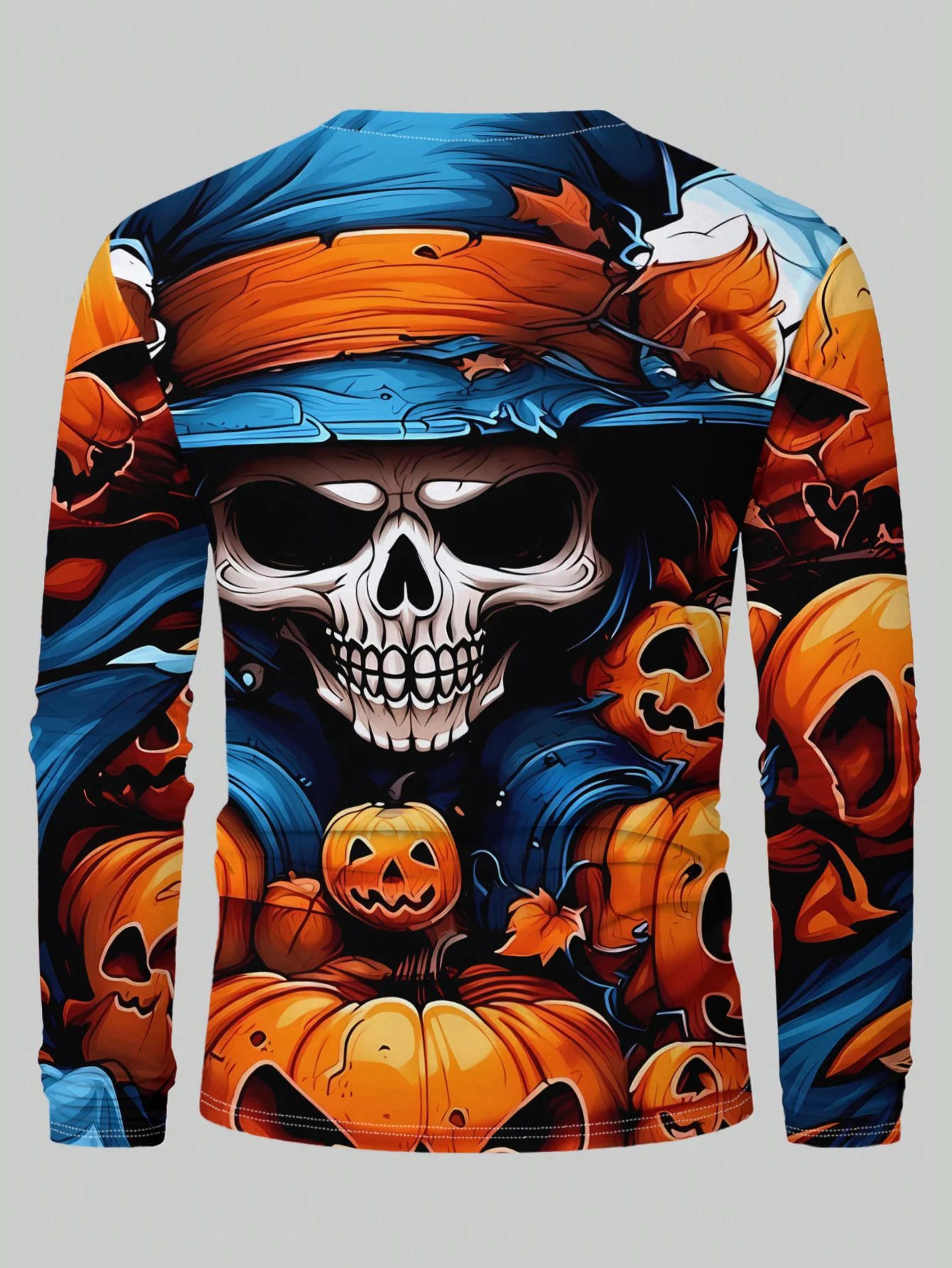 Men Long Sleeve T‑Shirt Skull Witch Hat Pumpkin 3D Print Halloween Party Casual Street Top