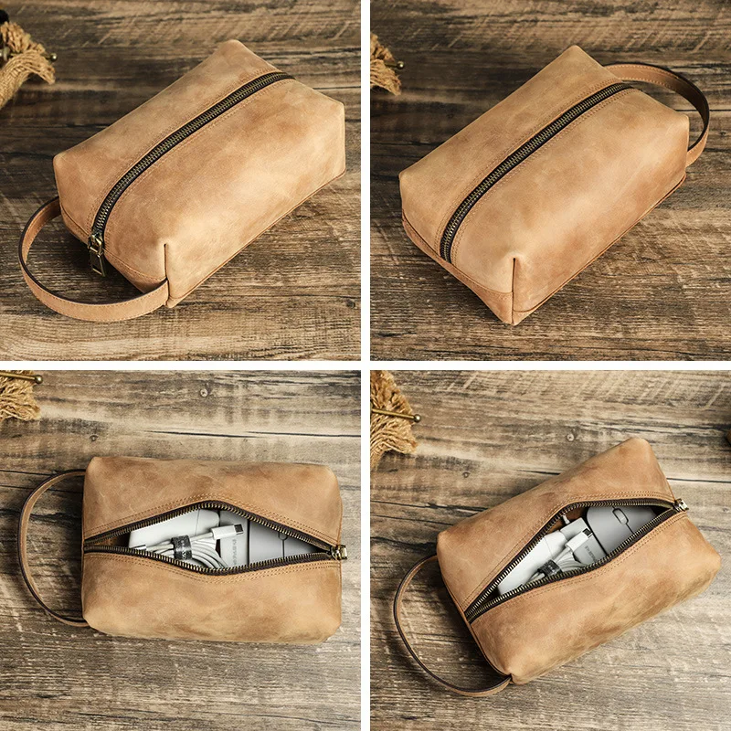 Frenzy Horse Leather Power Pack Digital Accessories Storage Bag Handheld Zippered Earphone Data Cable Storage Bag
