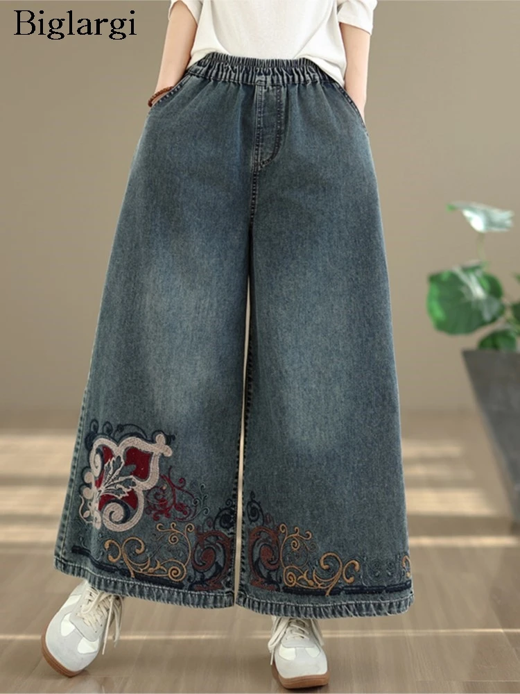 

Jeans Retro Spring Full Embroidery Flower Pants Women Elastic High Waist Oversized Wide Leg Woman Denim Pants Ladies Trousers