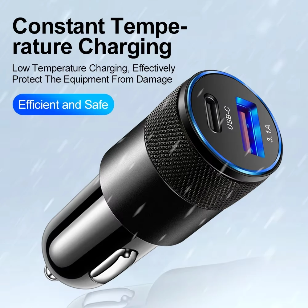 Type C USB 2 Port Car Charger Phone Charger 3.1A Fast Charging 12V 15W Cigarette Lighter Adapter Power Outlet for iPhone Samsung