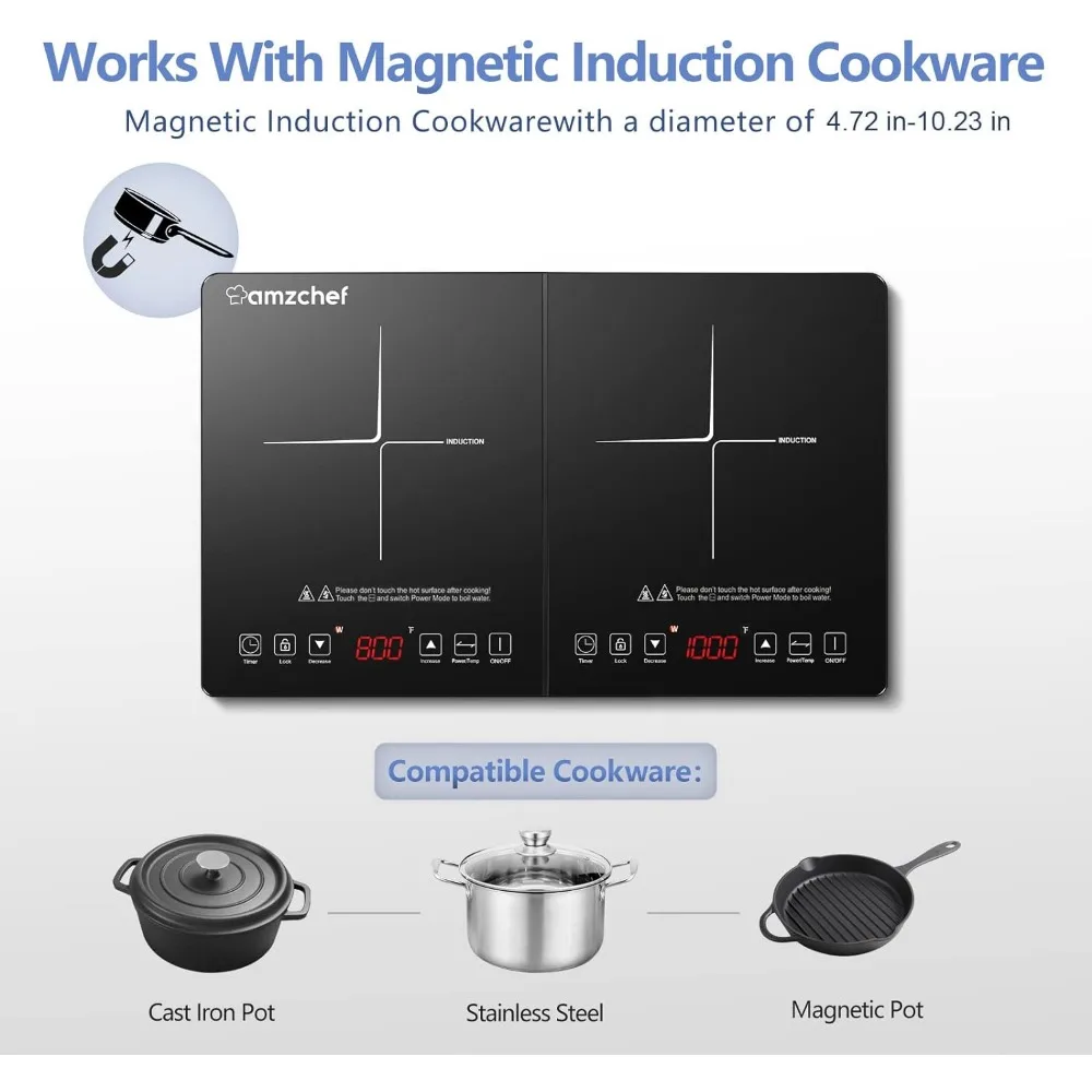 Peralatan masak dengan Sensor sentuh 1800W, 10 tingkat suhu & daya, kontrol independen, waktu 3 jam, kunci pengaman