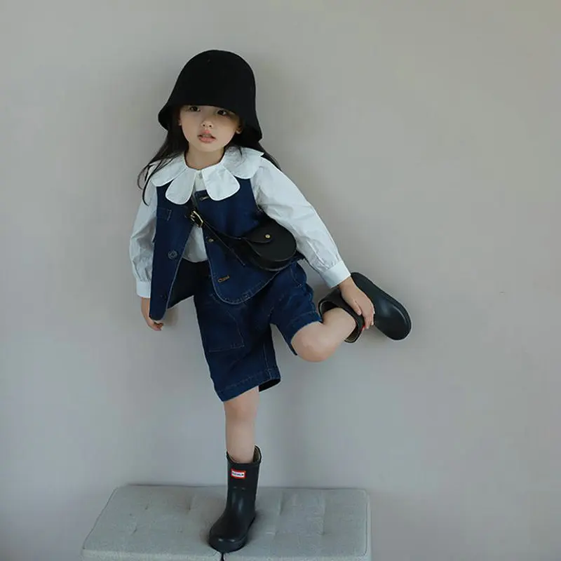 Girls' Suit Fresh Petal Collar Top plus Denim Three-Piece Set25Spring and Autumn New Fashion Foreign Trade Children's Clothing W