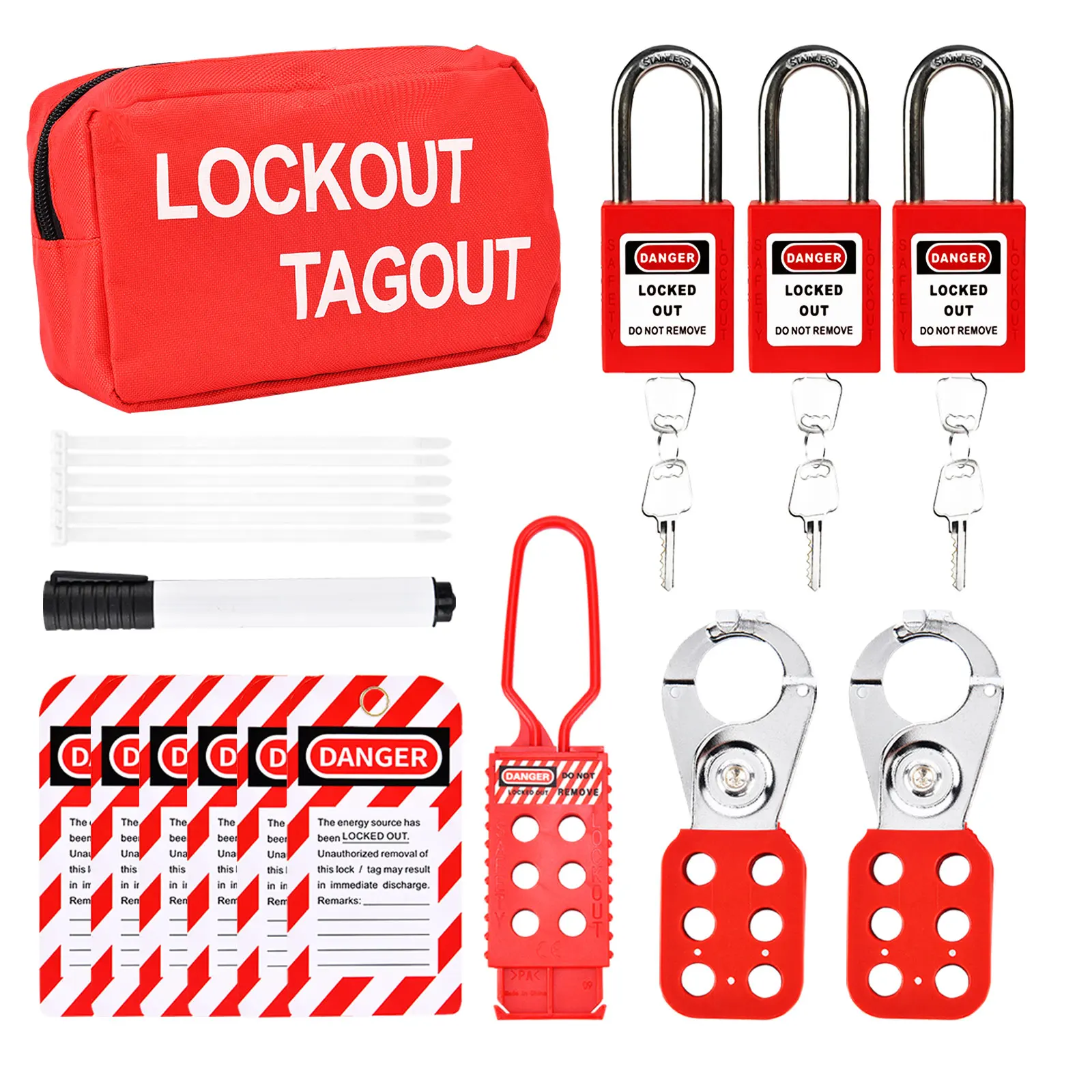 

Red Lockout Tagout Kit Complete Set with Insulation Hasps Padlock 2 Different Keys 6X Loto Tags Nylon Ties and Storage Bag