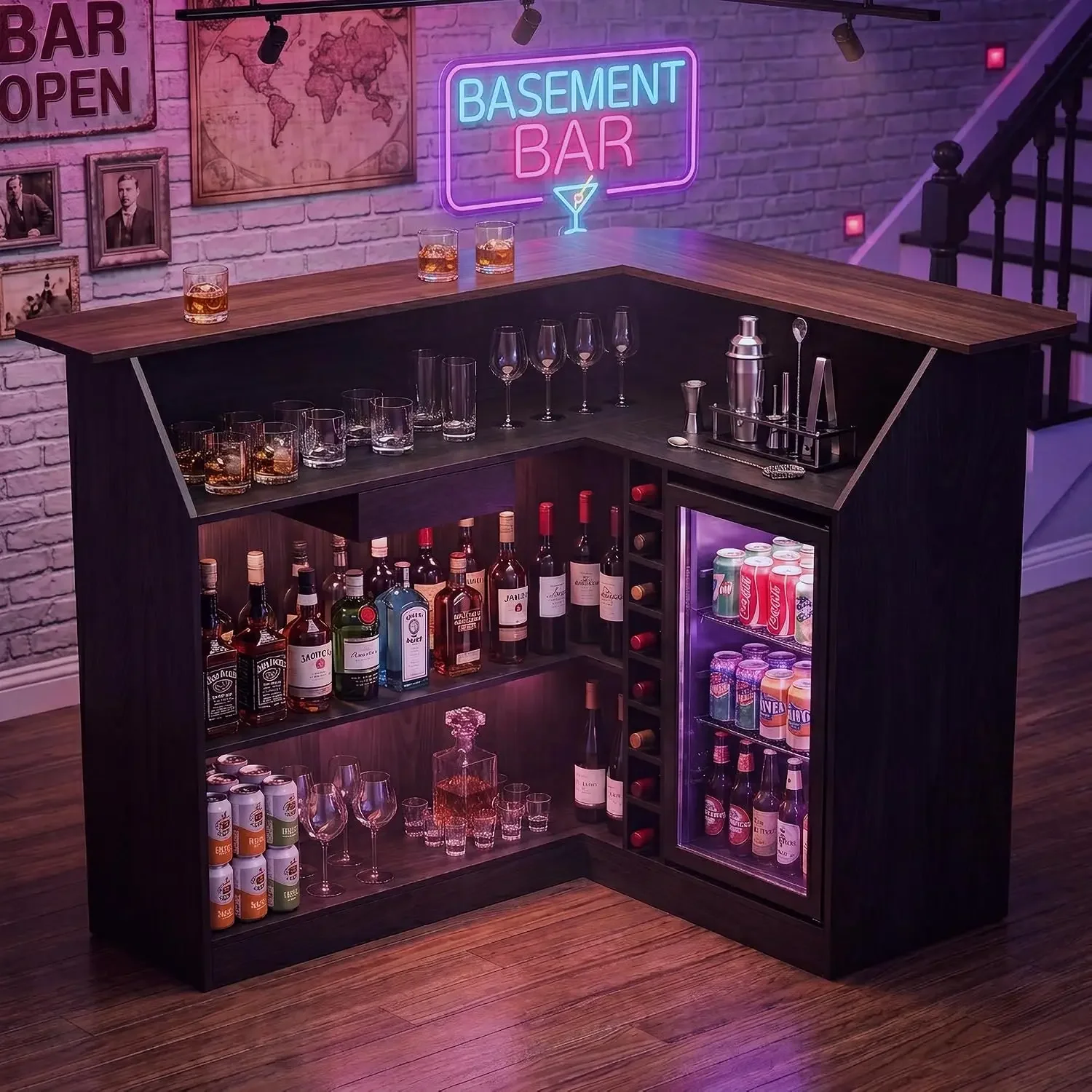 67”/53” L Shaped Home Bar Unit with Fridge Space, Bar Cabinets for Home with LED Strip, Basement Bar Table with, Customized
