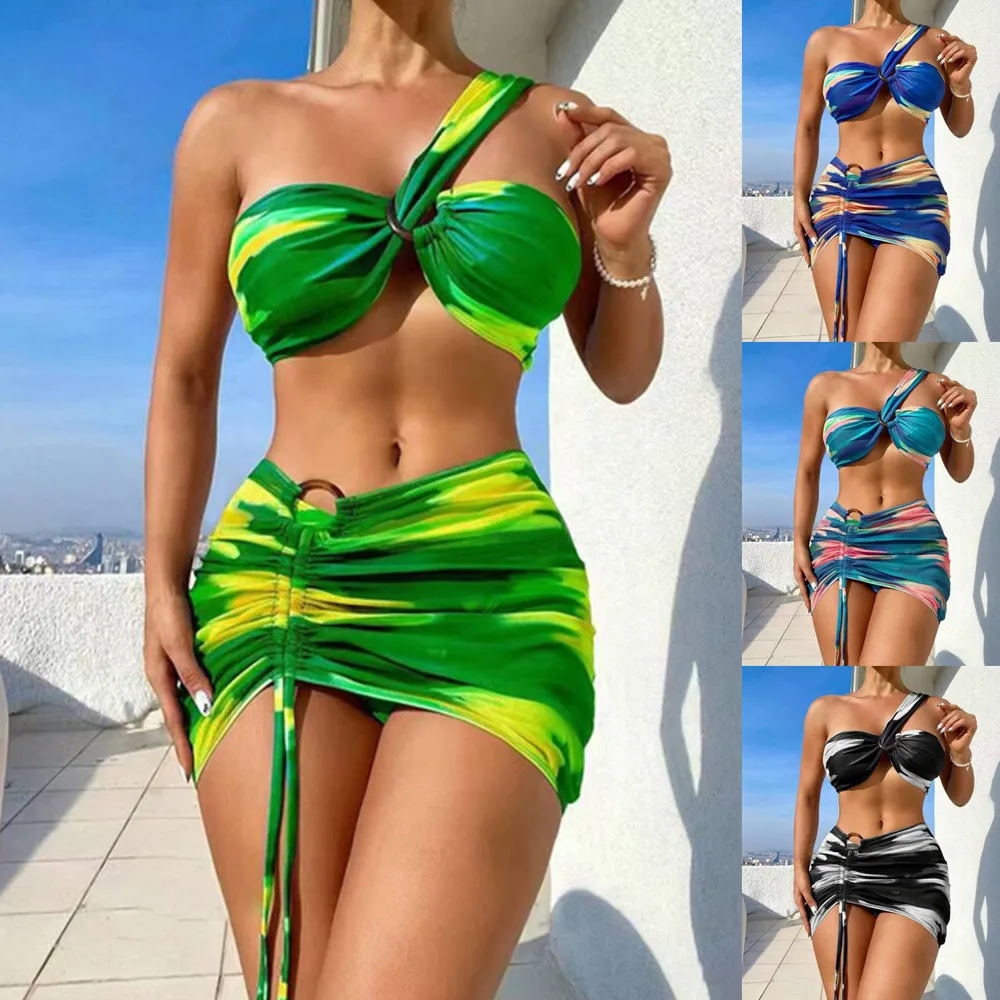 

2025 Women's 3-Piece Tie-Dye Bikini Set Sexy Printed Swimwear Cover Up & High Waist Skirts Two-Pieces With Panties Swim Suit New