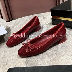 Women's Fashion Red Patent Leather Shoes Shallow Mouth Low-heeled Round Toe Ballet Single Shoes Women Wedding Dress Pumps