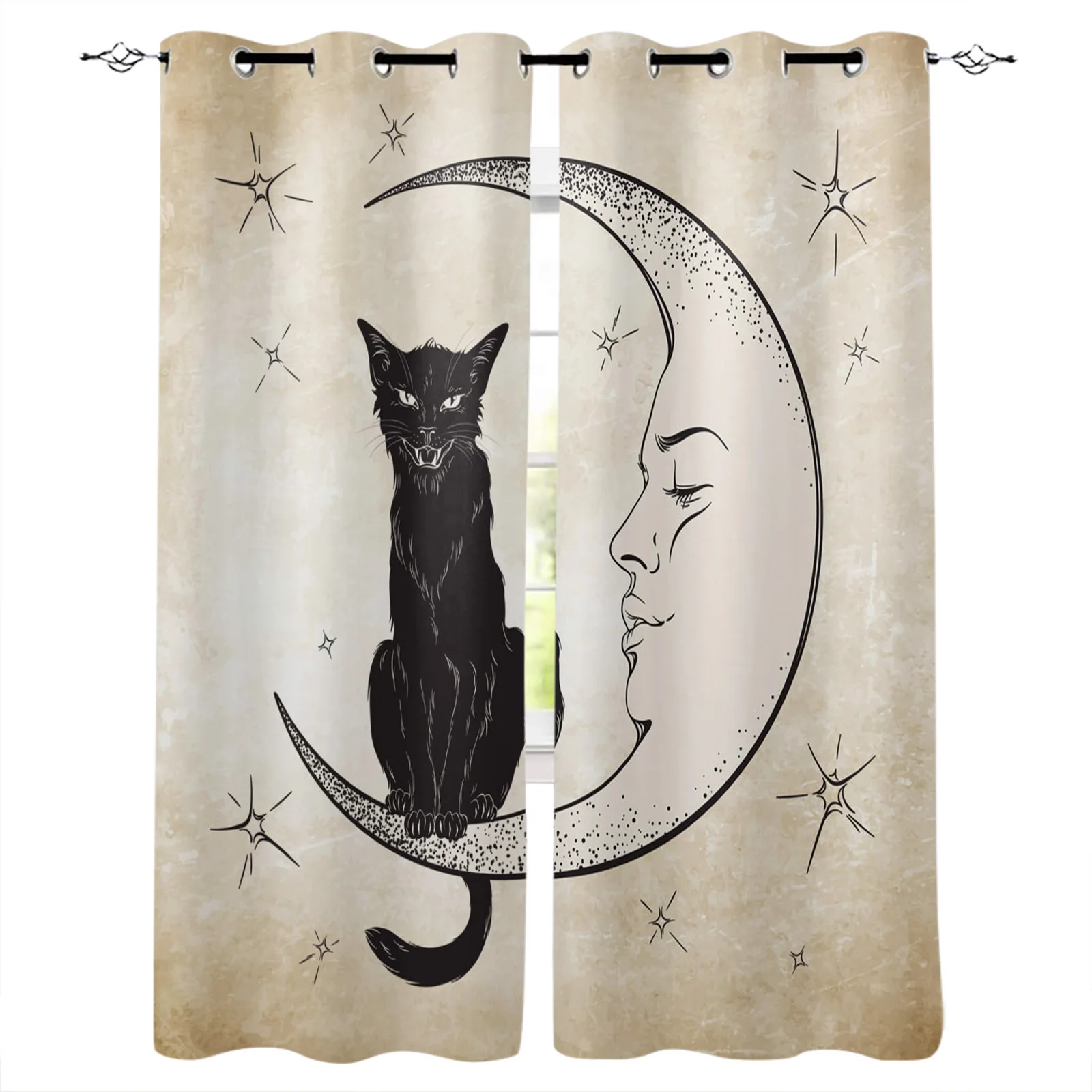 

Animal Cat Moon Stars Retro Blackout Curtains Window Curtains for Bedroom Living Room Decor Window Treatments