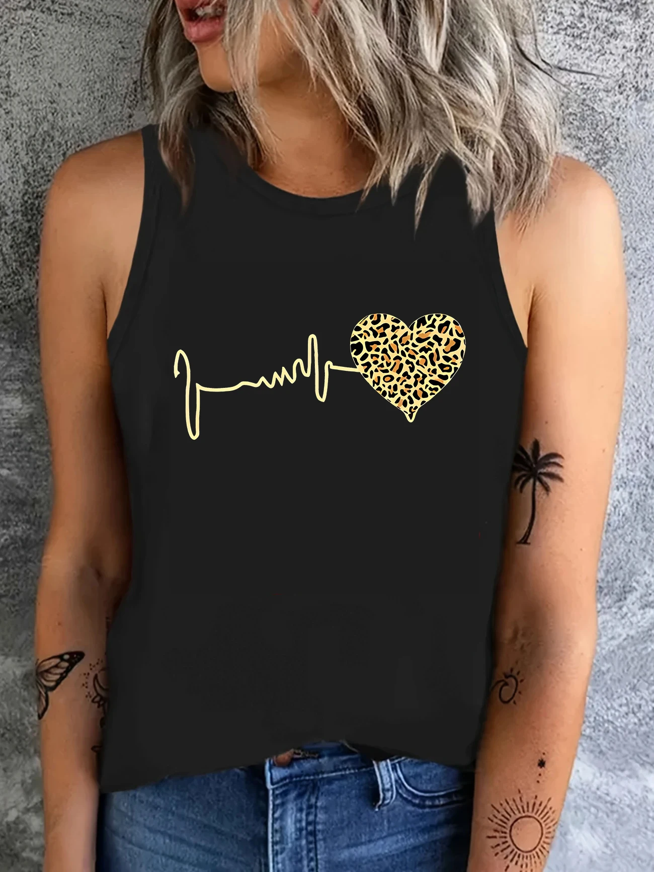 Vintage Weste T-Shirt Leopard Heartbeat T-Shirt Grafikdruck Tank Top Damen ärmellos Rundhalsausschnitt