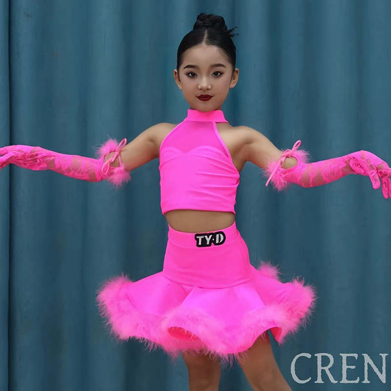 

Неоново-розовые костюмы для латинских танцев для девочек, кружевные топы с перьями, юбка, перчатки, одежда для соревнований, костюм для выступлений в стиле ча-ча, DNV25835