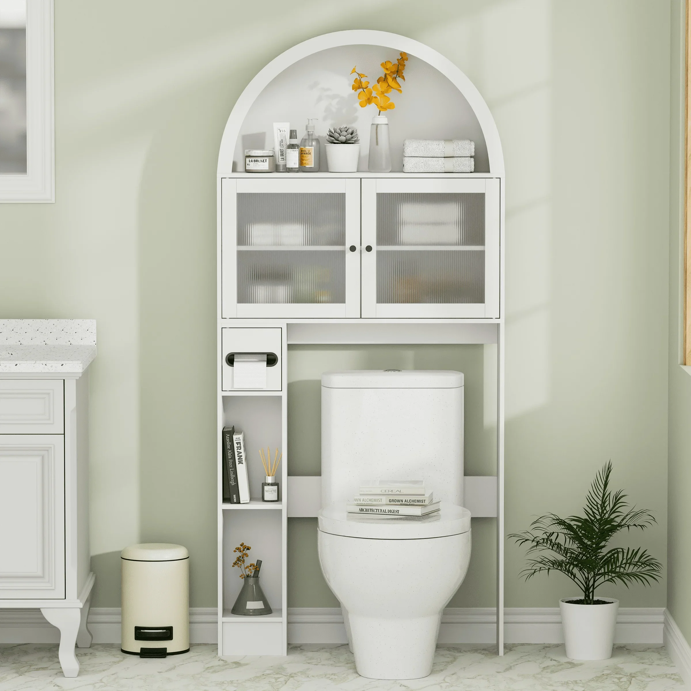 Independent Bathroom Storage Unit Above The Toilet with a Flexible Shelf And Doors, Curved Space-Efficient Organizer