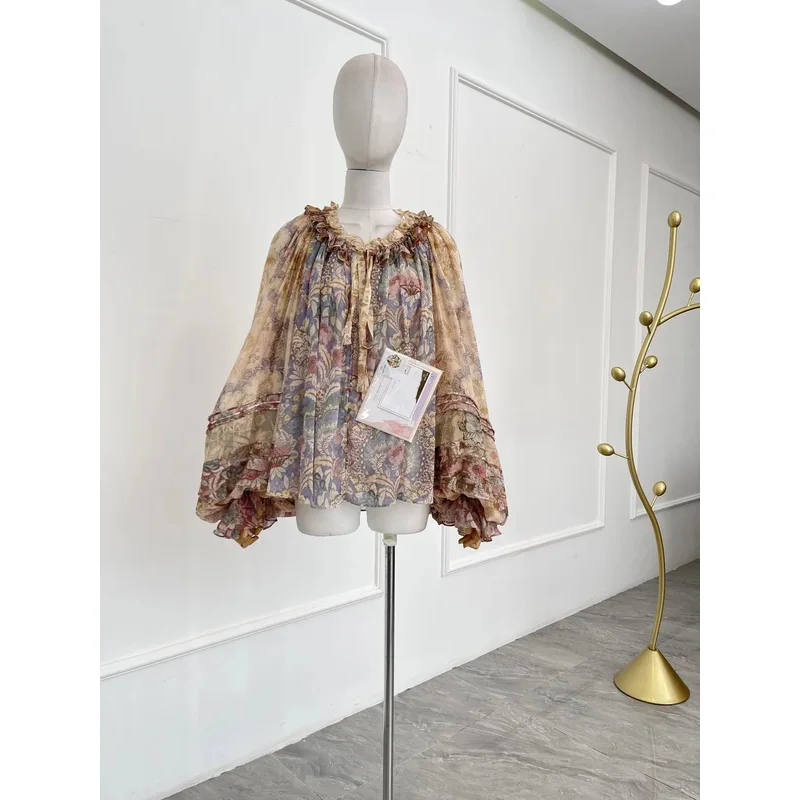 2025 신상 패션 브라운 바이올렛 플로럴 프린트 긴팔 블라우스 탑